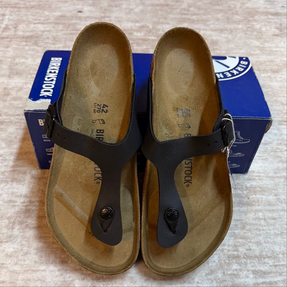 Birkenstock Gizeh 42 Womens 11 Mens 9 Black Leather Cork Sandals Regular Fit New
